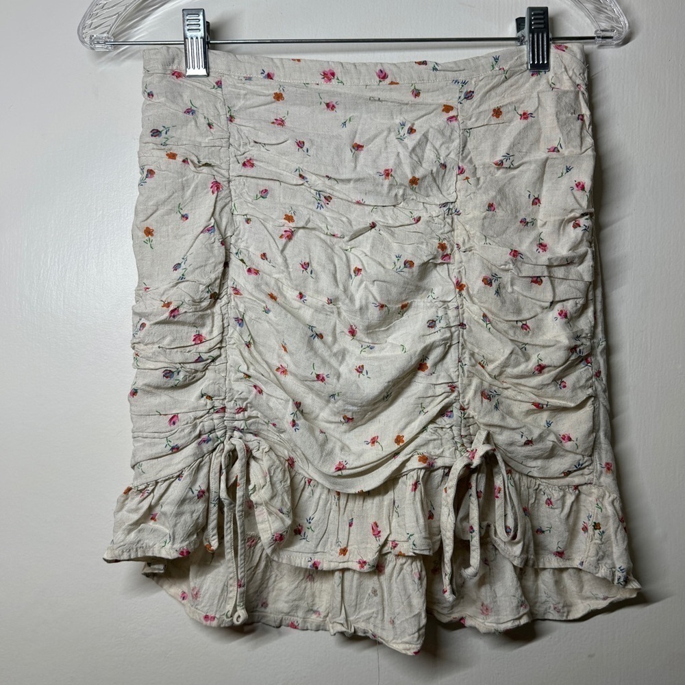 Wild Fable Linen Blend Cream Pink Ditzy Rose Floral Ruched Ruffle Mini Skirt M